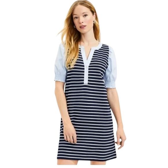 LOFT Dresses & Skirts - Loft cotton blend striped dress mixed media v-neck size L
